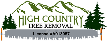 Logo for High Country Tree Removal: mountains, pine trees, saw, license #A013057.