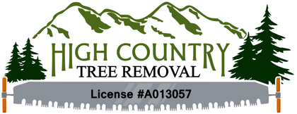 Logo for High Country Tree Removal: mountains, trees, a saw, and license #A013057.
