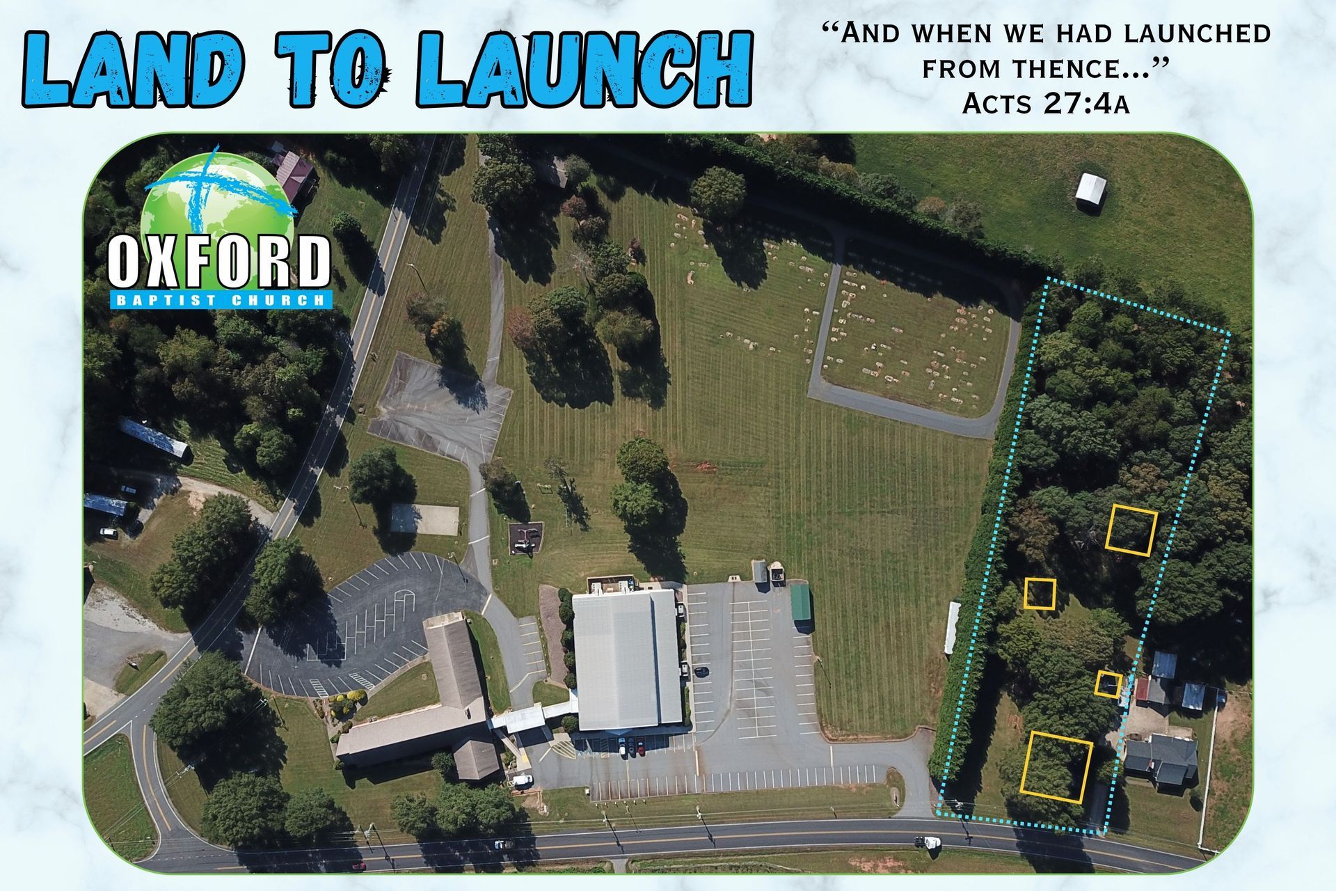 Aerial view of a grassy property with a house and driveway, labeled “Land to Launch” and “Oxford.”