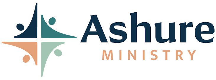 Ashure Ministry logo with teal and peach cross and navy text