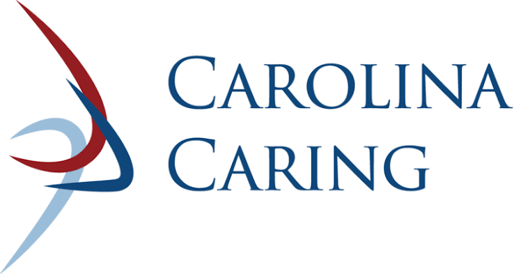 Carolina Caring logo with blue and red abstract figure and blue text