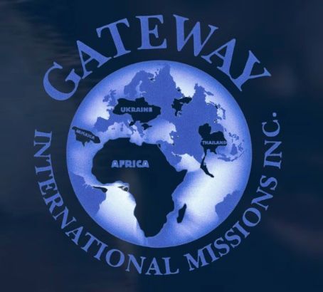 Gateway International Missions Inc. logo with a blue globe and circular white text on a dark background
