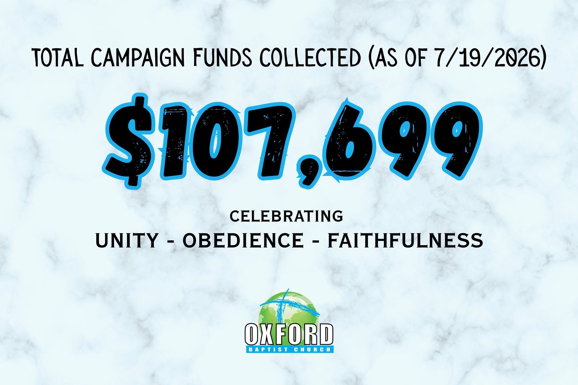 Campaign funds total: $107,699 with “Celebrating Unity, Obedience, Faithfulness” text and church logo