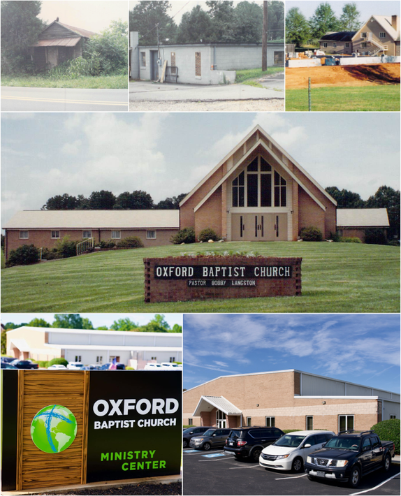 Collage of Oxford Baptist Church buildings and signs, including a tan A-frame sanctuary and parking lot.