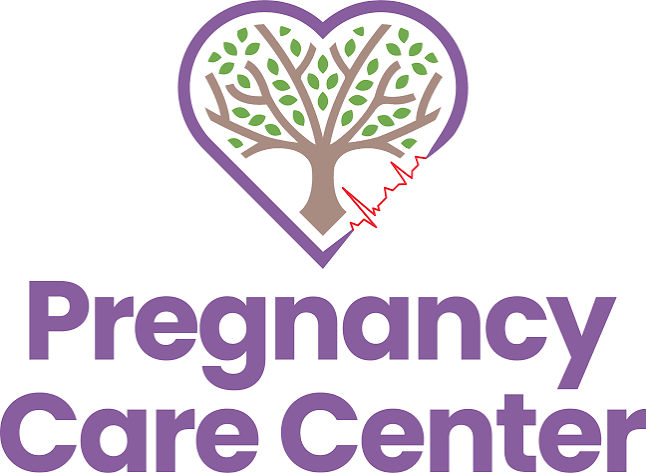 Pregnancy Care Center logo with purple heart-shaped tree and red heartbeat line