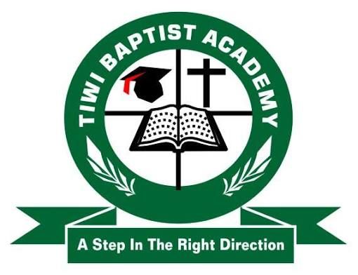 Timi Baptist Academy logo with book, cross, and graduation cap; green ribbon reads “A Step In The Right Direction”