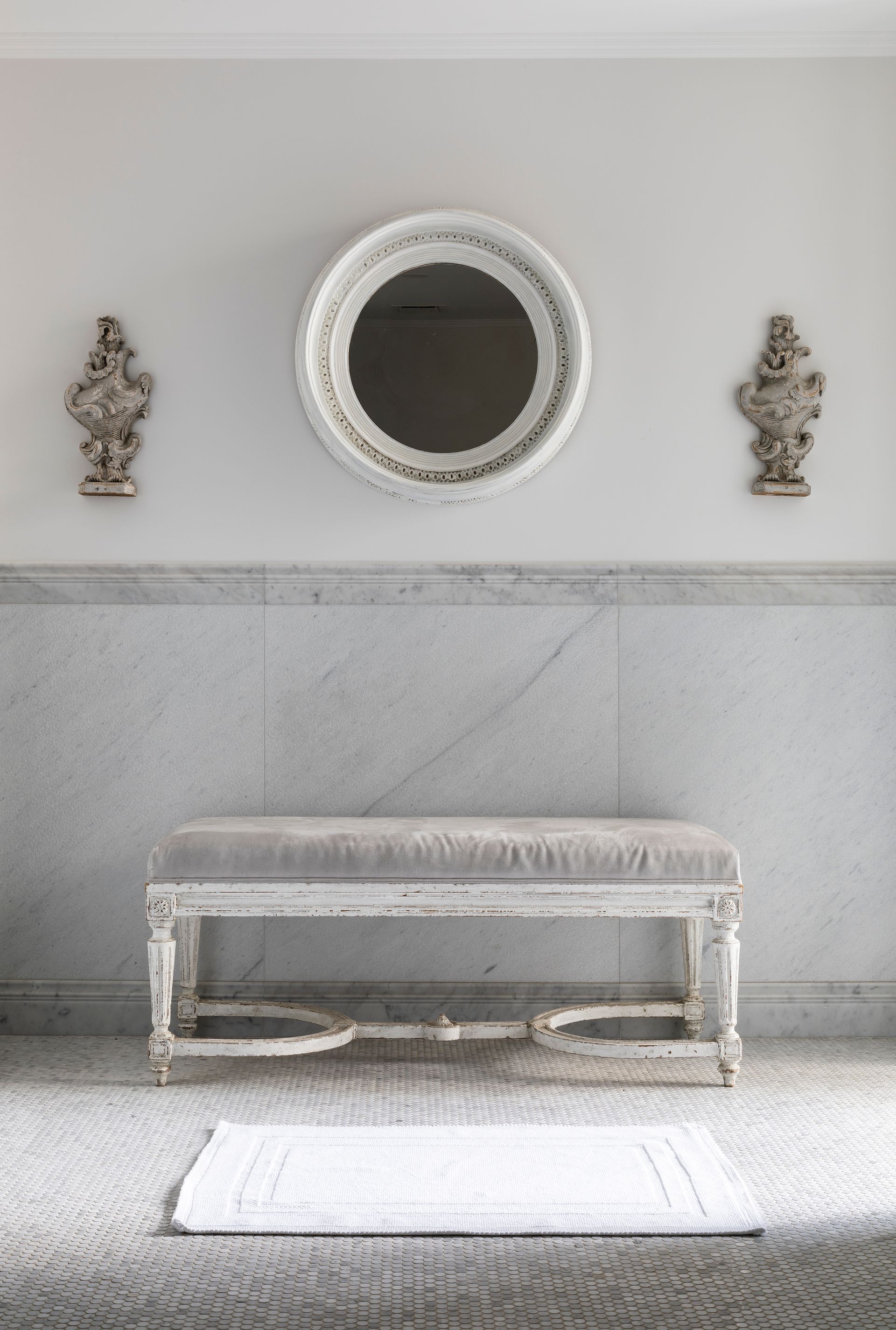 Elegant White Vanity With Round Mirror And Decorative Wall Sconces — Shona Design In Mittagong, NSW