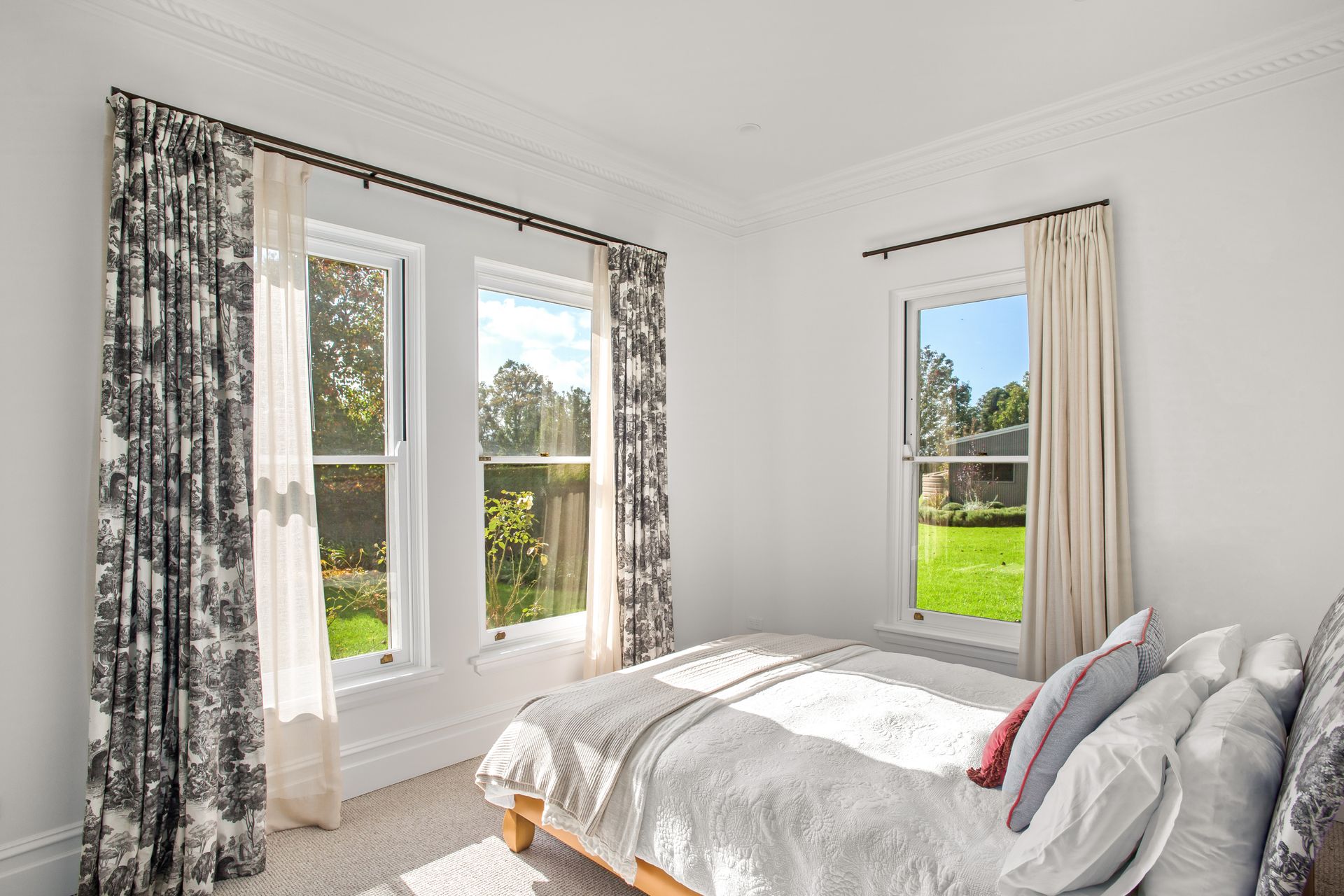 Bright Bedroom With White Walls, Large Windows, And A Bed — Shona Design In Mittagong, NSW