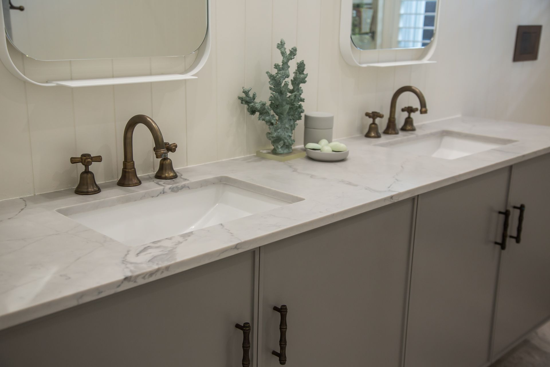 Modern Double-sink Bathroom Vanity, Brass Faucets, And A Small Plant On The Counter — Shona Design In Mittagong, NSW
