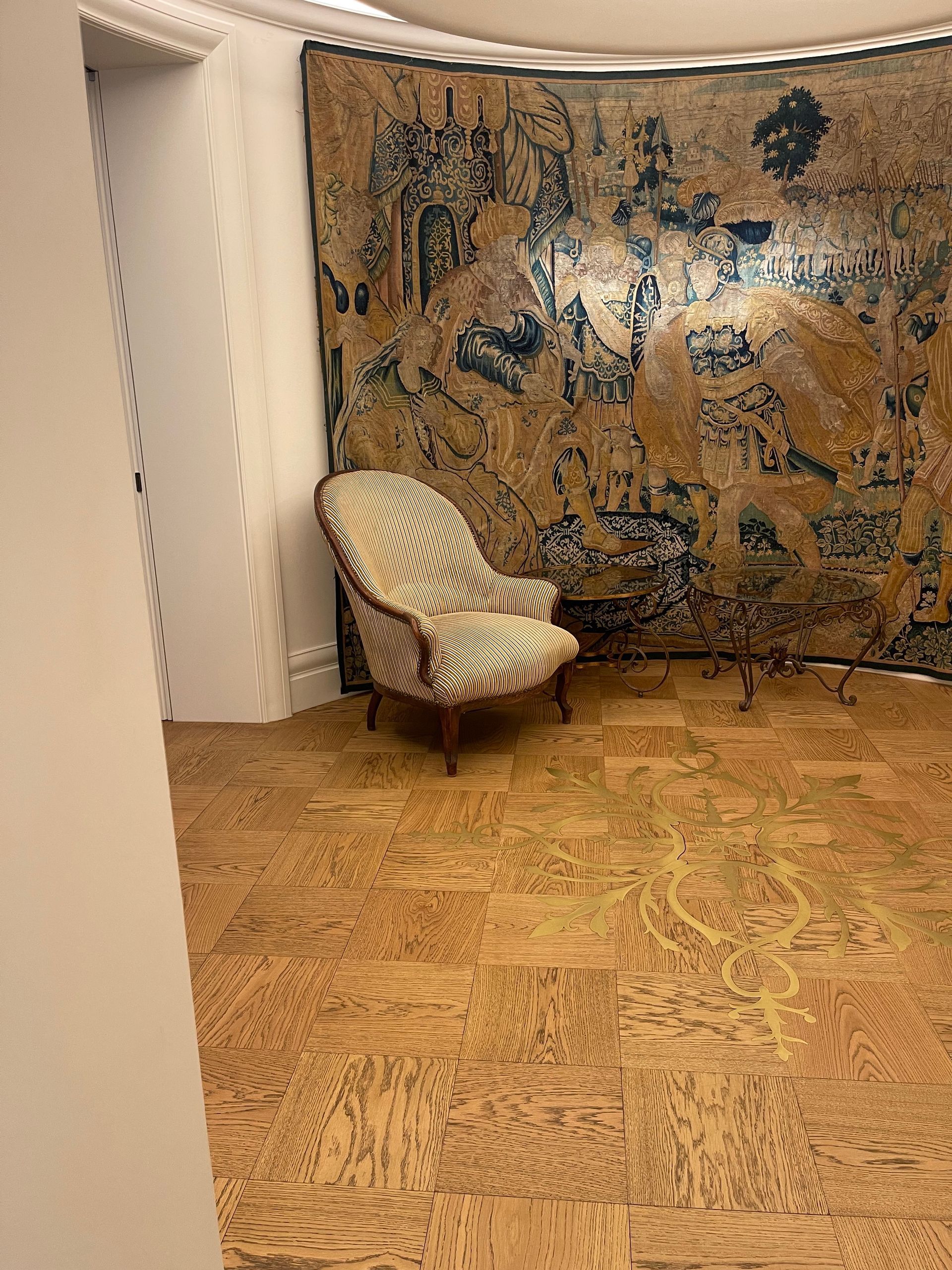 Small Room With A White Chair Against A Patterned Tan Wall And Matching Carpet — Shona Design In Mittagong, NSW