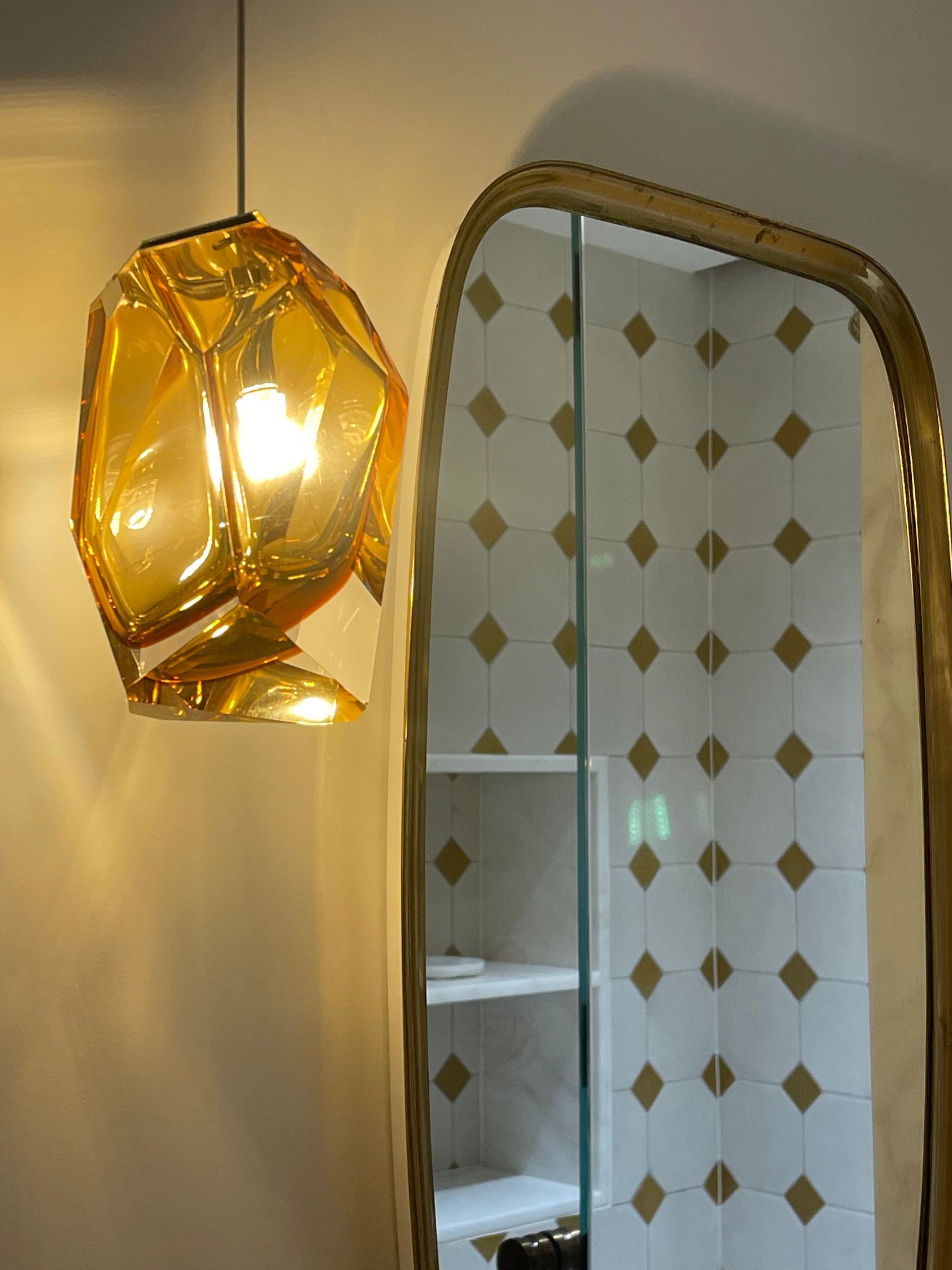 Golden Pendant Light Beside A Mirrored Cabinet With Gold Diamond-patterned Trim — Shona Design In Mittagong, NSW