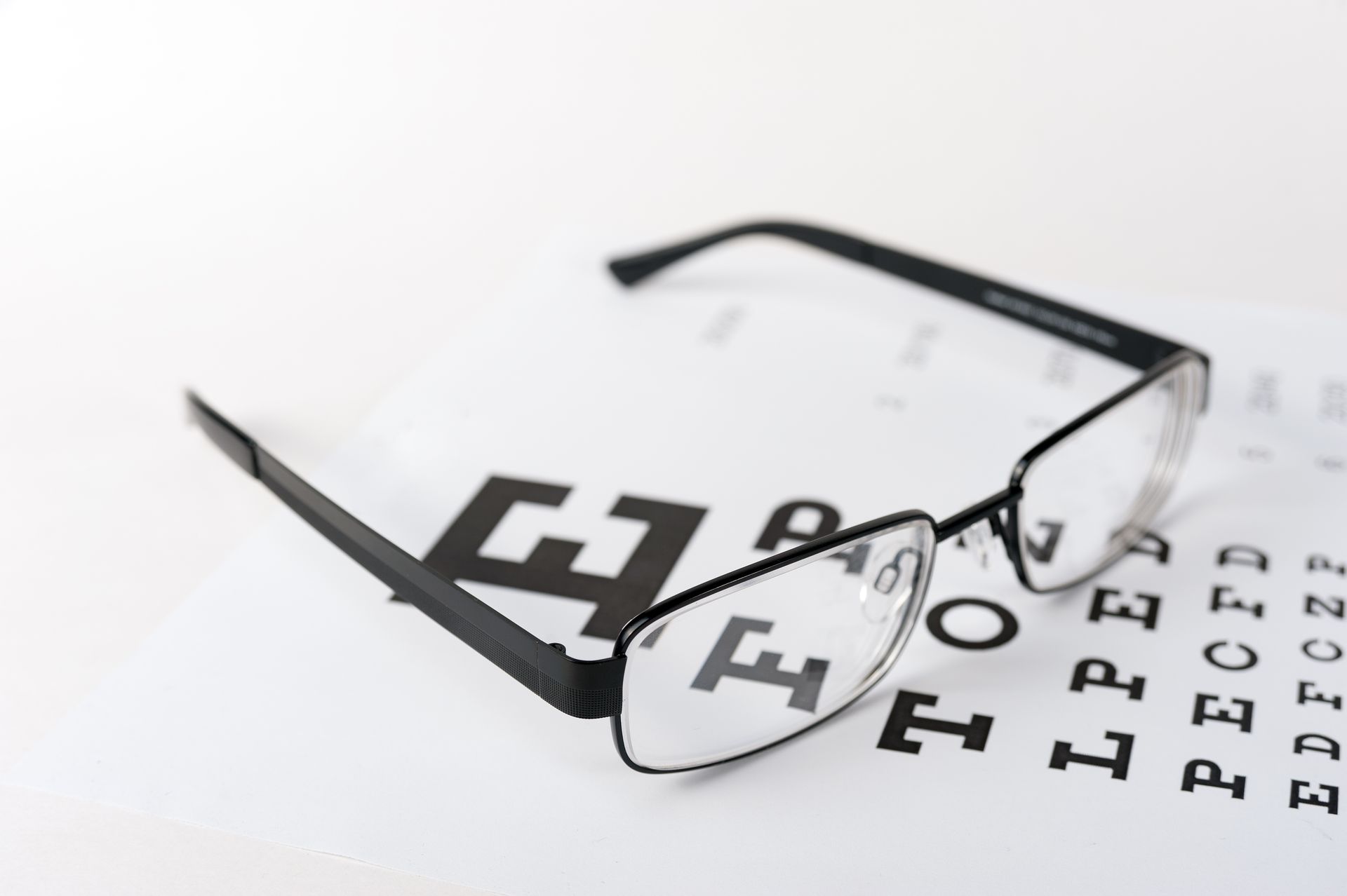 Eyeglasses resting on an eye chart with large letters. Eyeglasses resting on an eye chart with large letters.