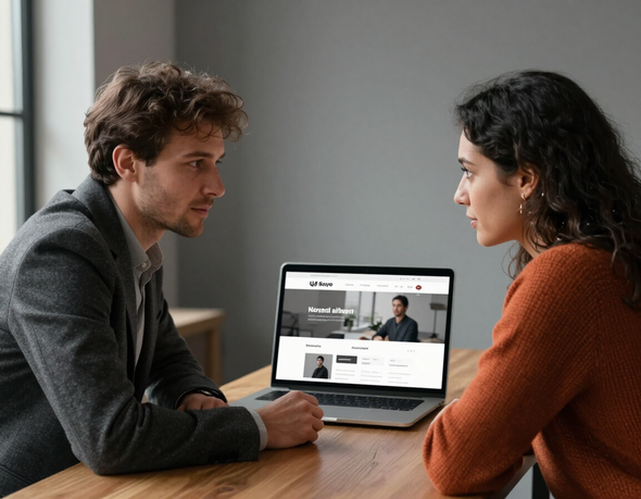 Business owner reviewing website design with a designer