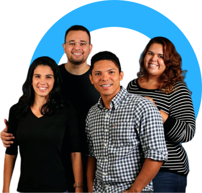 A group of people posing for a picture with a blue circle in the background