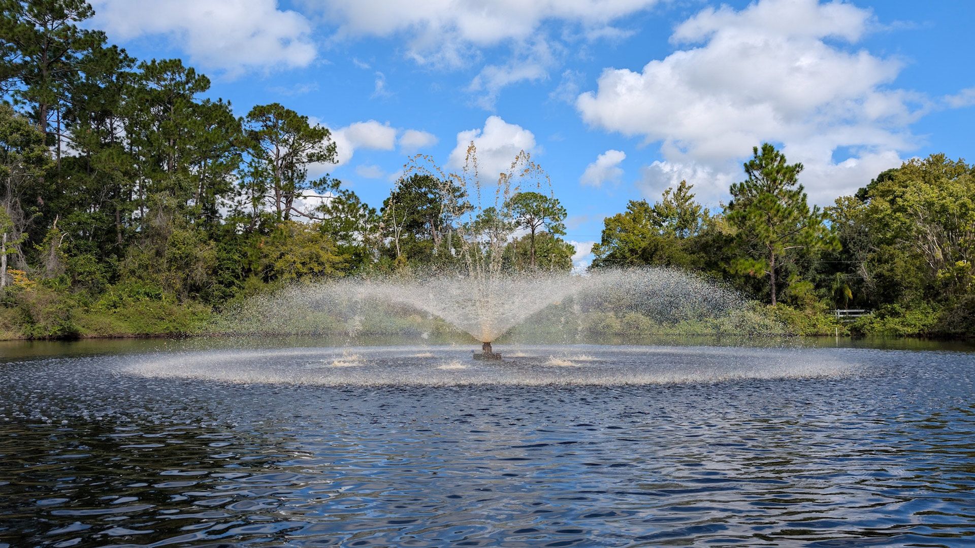 Fountain spraying water in a pond; trees and blue sky with clouds in the background.