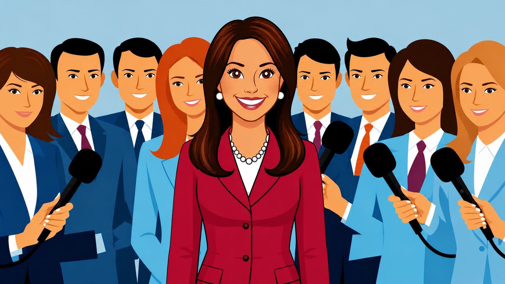 Reporter surrounded by a group of microphones, speaking to a crowd at a press event.