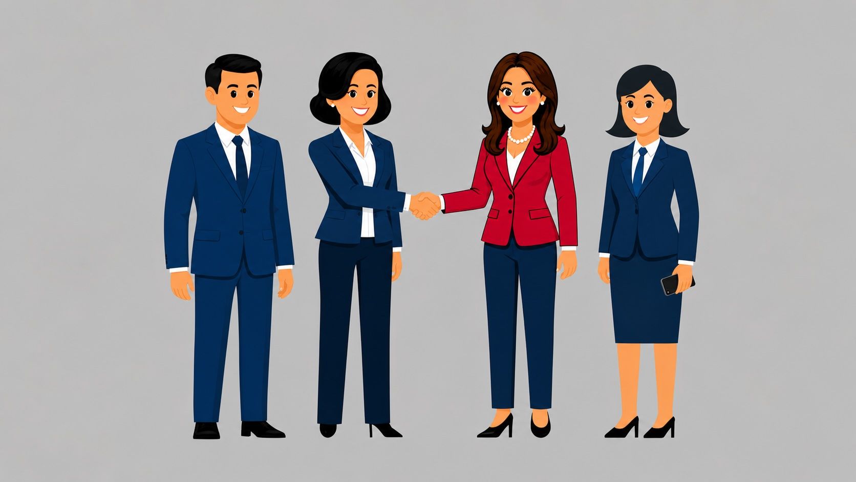 Four business professionals in suits standing together, one shaking hands with another against a light gray background.