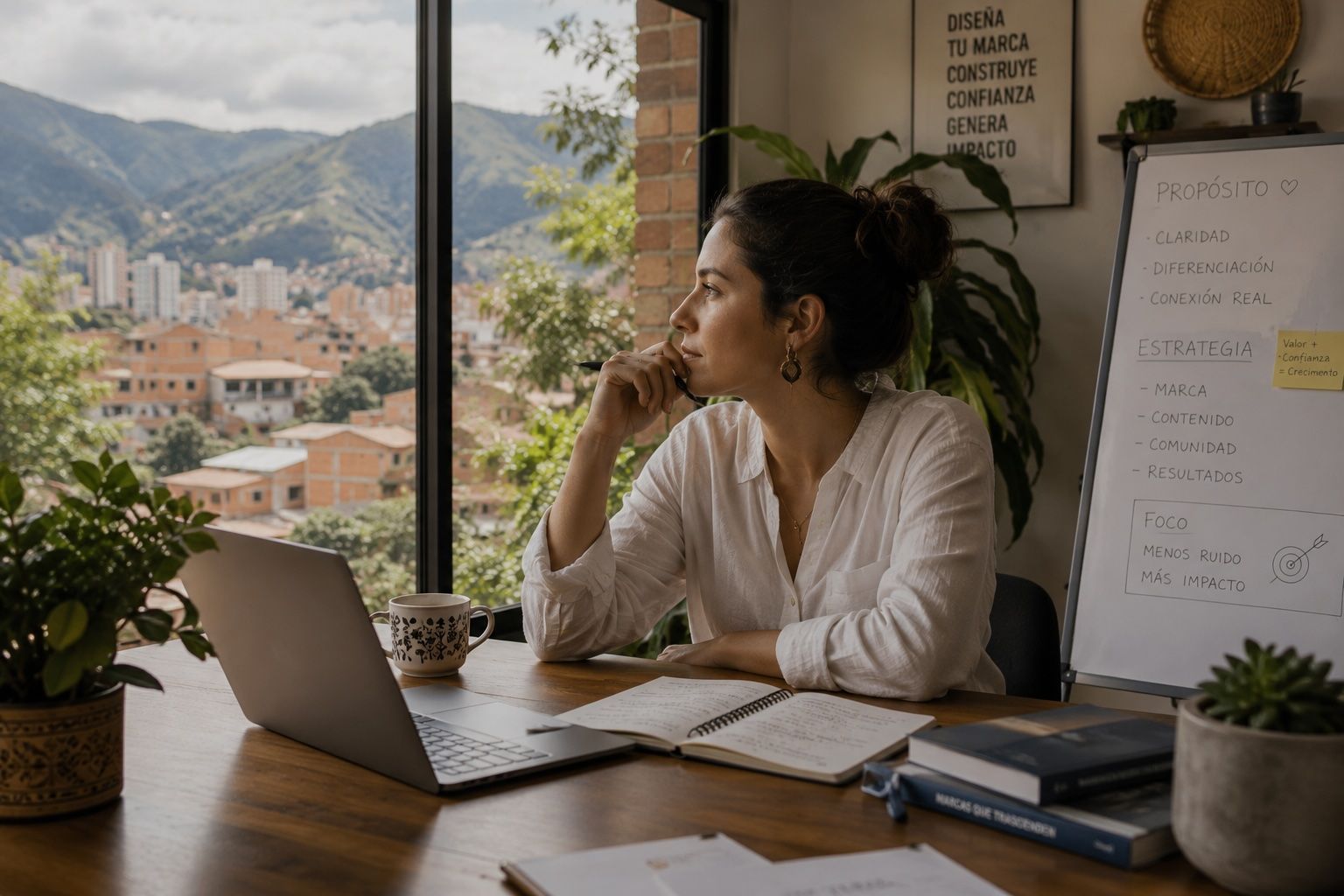 Mujer trabajando en un escritorio junto a una ventana, con una computadora portátil, un cuaderno
