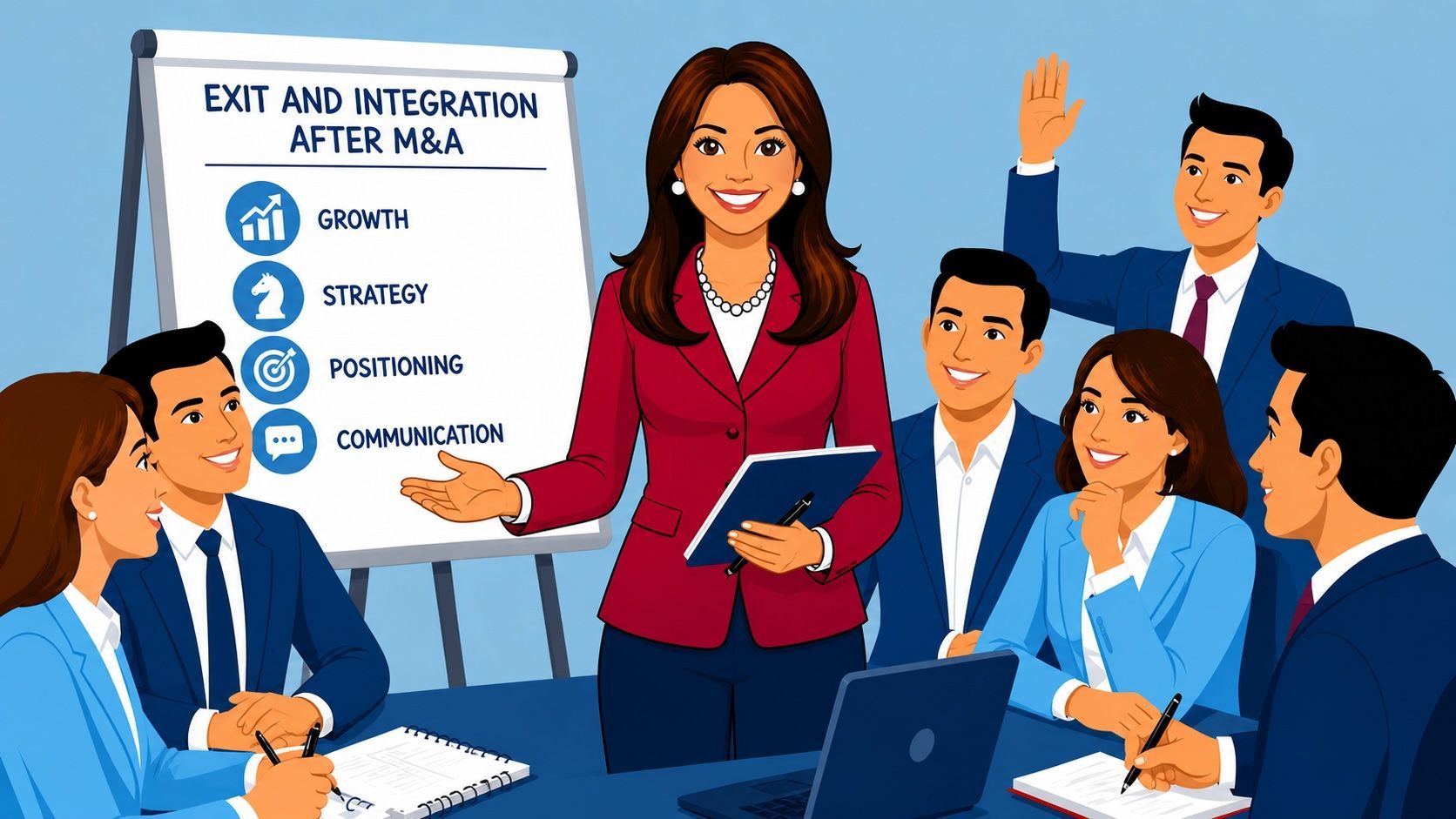 Business team meeting with a presenter beside a flip chart showing icons and notes.