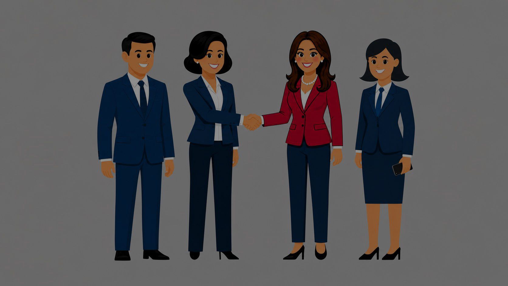 Four business professionals standing together, one shaking hands, in formal office attire.