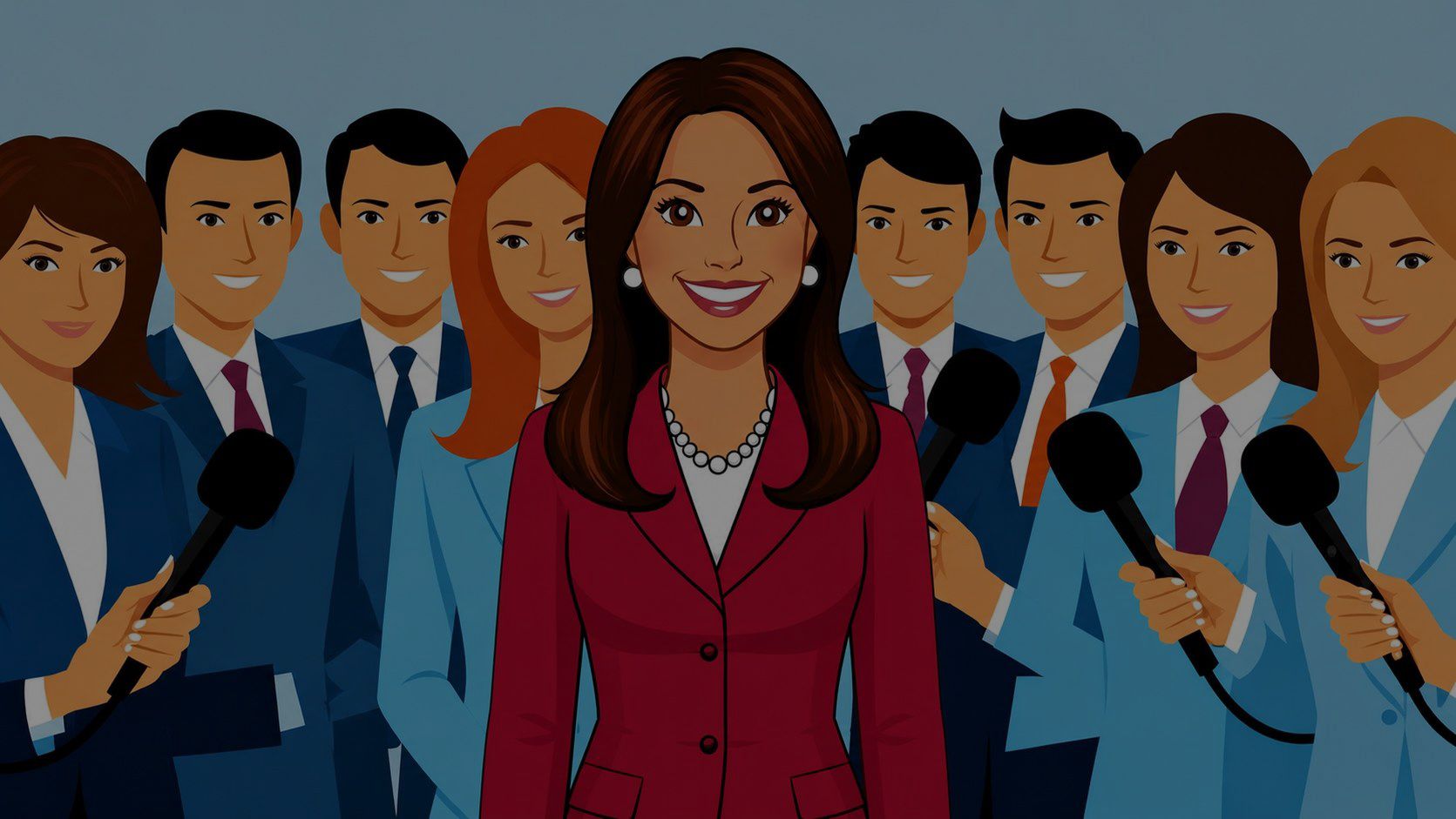 Smiling reporter in red blazer speaking into microphones with a crowd of reporters behind her