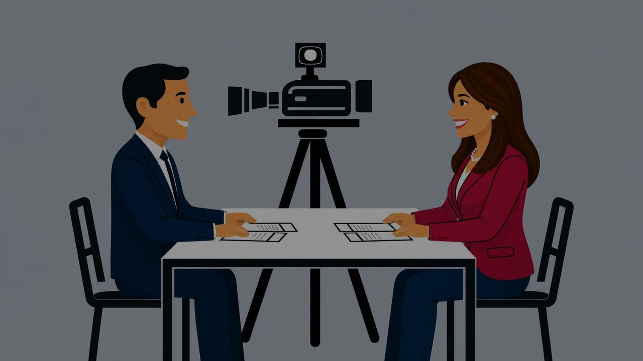 Two people in a video interview across a table, with a camera on a tripod between them.