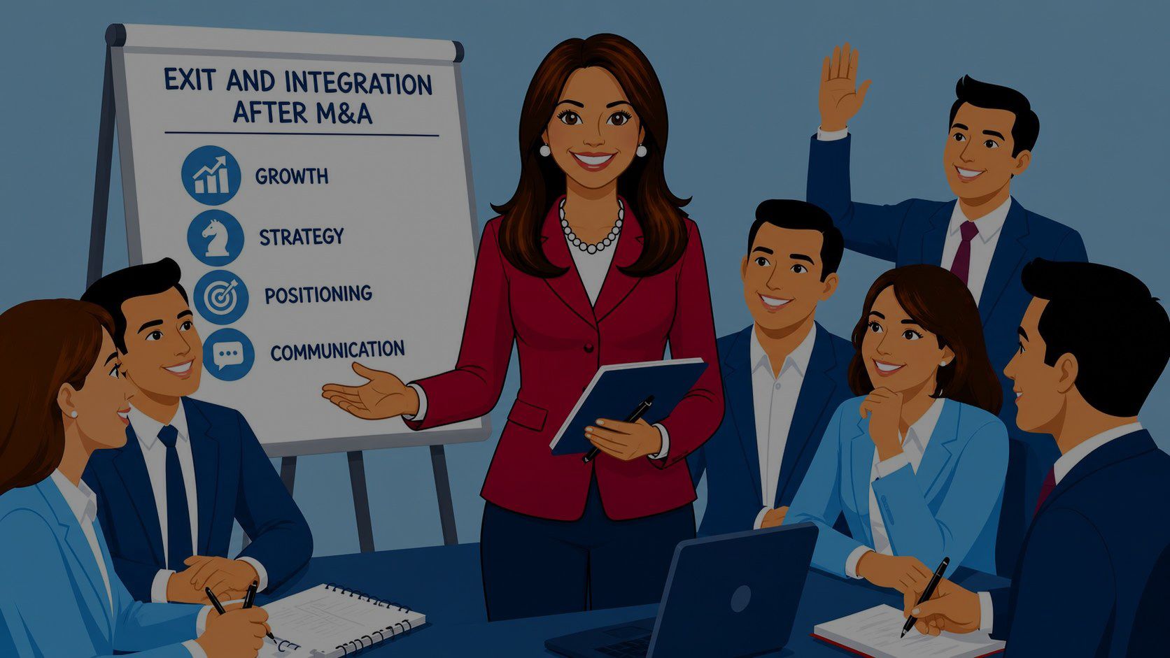 Team meeting with presenter in maroon blazer, colleagues seated around a table and one person raising a hand.