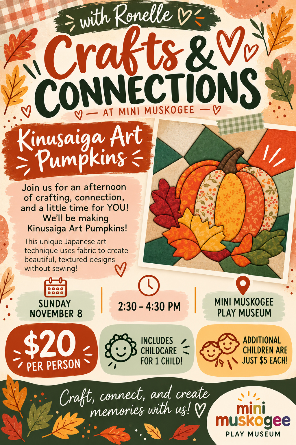 Crafts & Connections flyer for Kinsqaa Art Pumpkins workshop, with autumn pumpkin collage and event details.