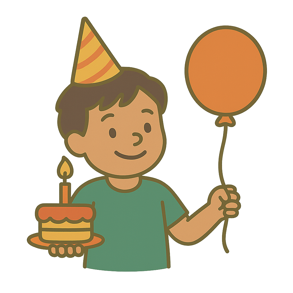 Do it Yourself Party A child wearing a party hat holds a balloon and a birthday cake with a lit candle.