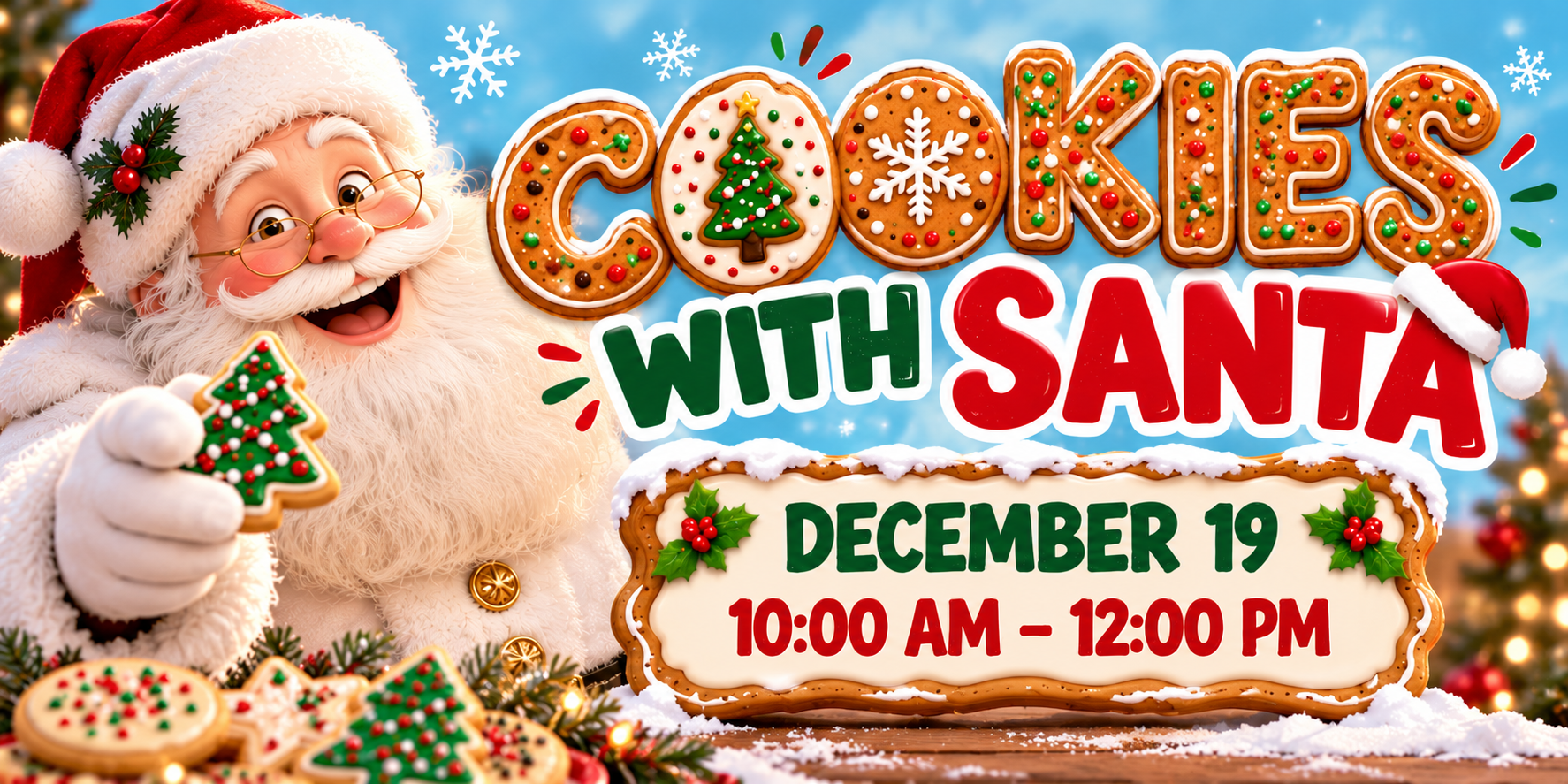 Santa with cookies beside holiday text: “Cookies with Santa,” December 19, 10:00 AM–12:00 PM