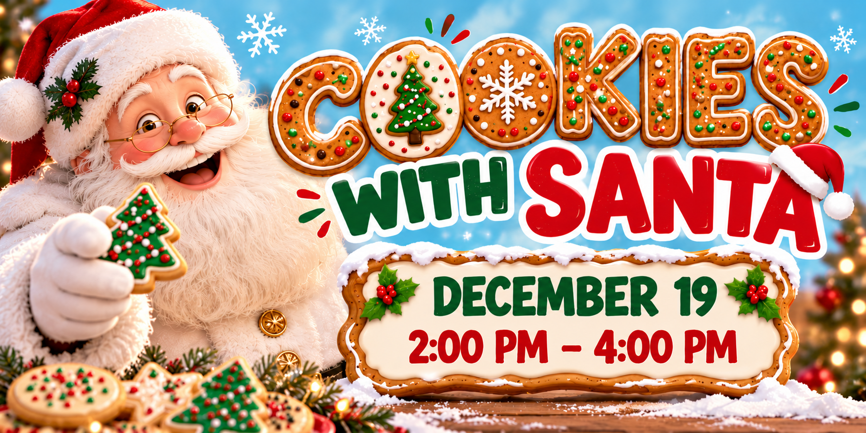 Santa with cookies and milk beside text: “Cookies with Santa,” December 19, 2:00 PM–4:00 PM