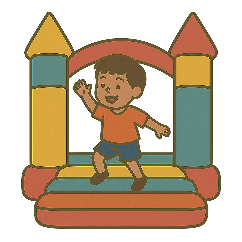 Events Child in orange shirt and blue shorts jumping in a colorful bounce house.