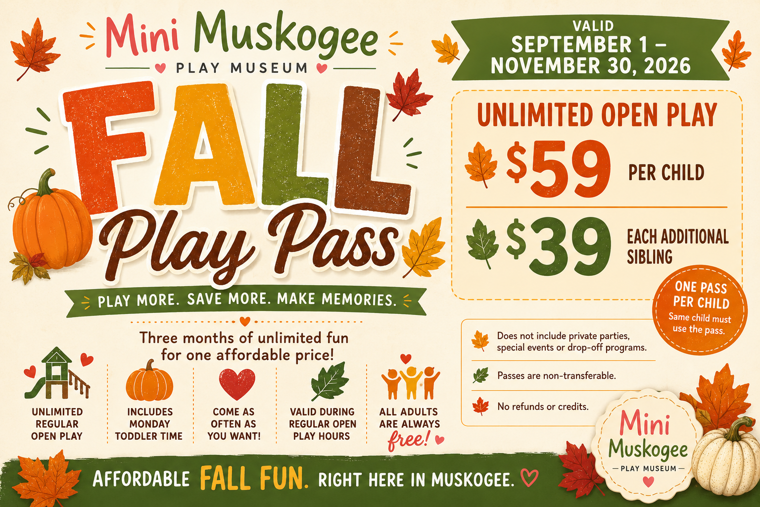 Mini Muskegon Fall Play Pass ad with $59 child open play and $39 sibling pricing, Sept. 1-Nov. 30, 2026.