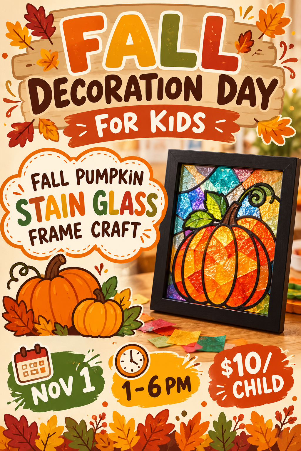 Fall decoration day for kids flyer: pumpkin stain glass frame craft, Nov. 1, 1–6 PM, $10 per child