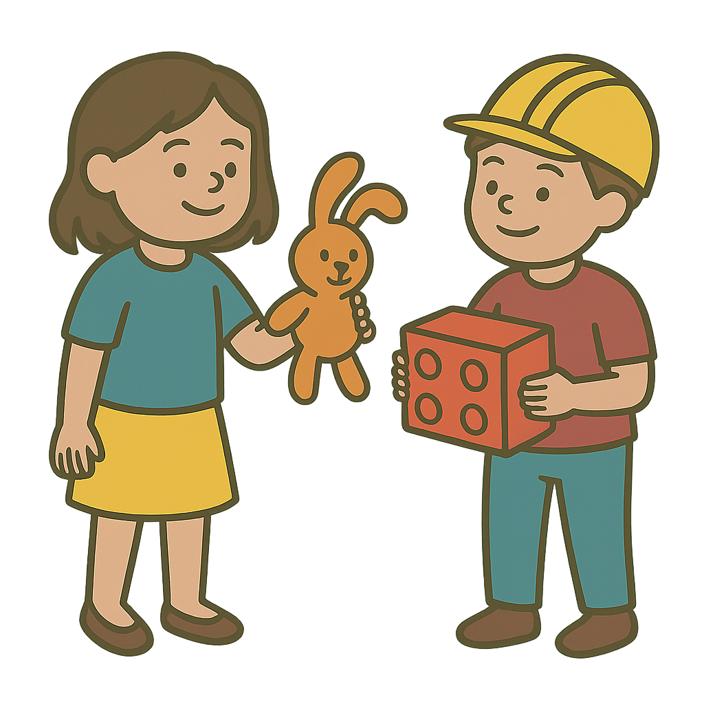 Field Trips Girl holding a stuffed rabbit, boy holding a red block. Both are smiling.