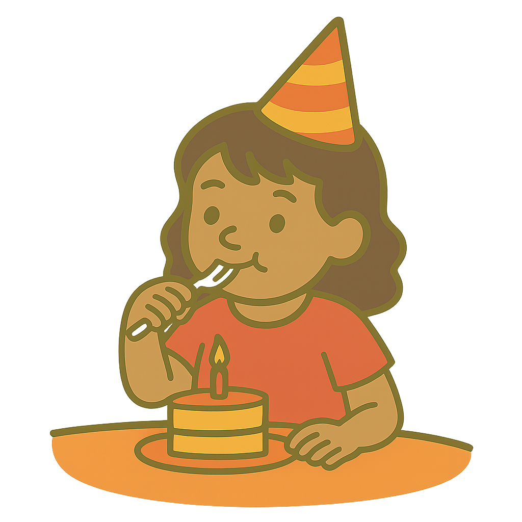 Food and Fun Girl in party hat eating cake with a fork.