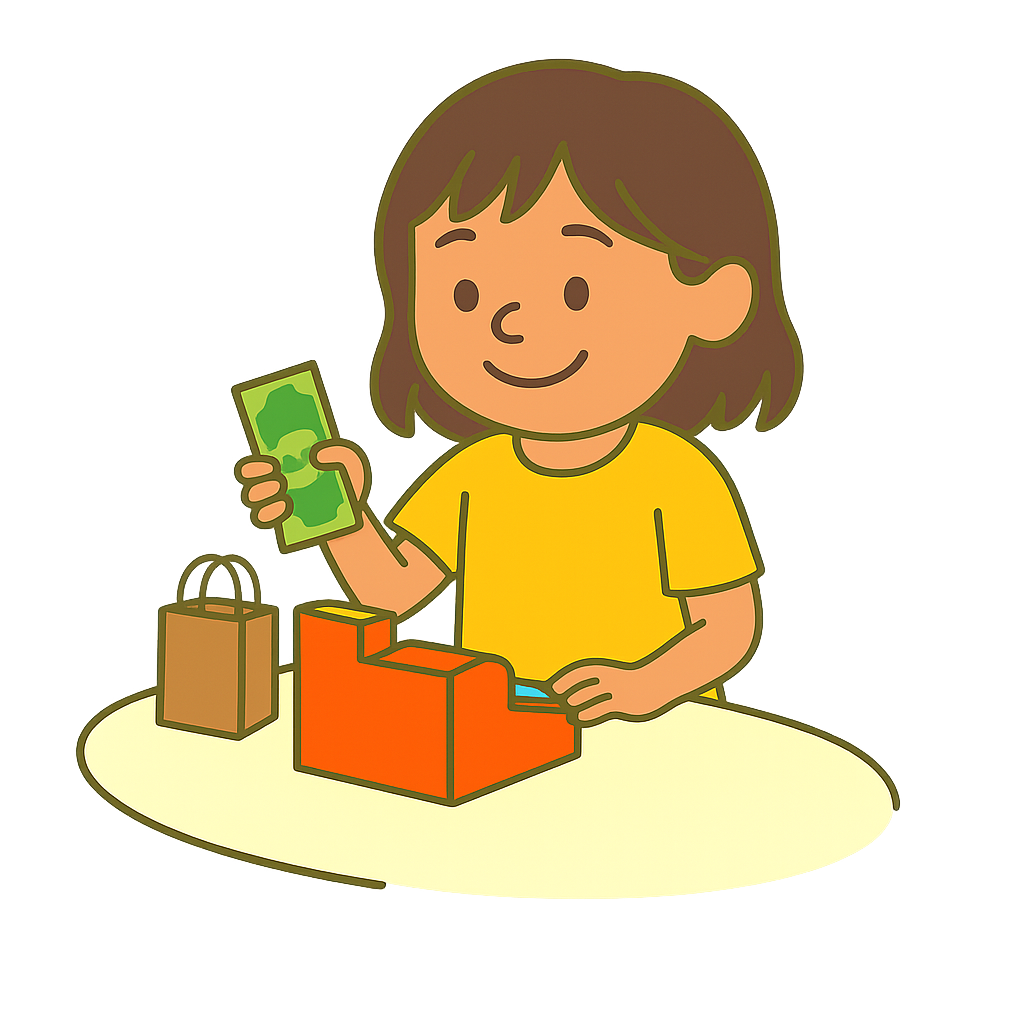 A person in a yellow shirt stands at a counter, holding paper money near an orange cash register and a brown paper bag.