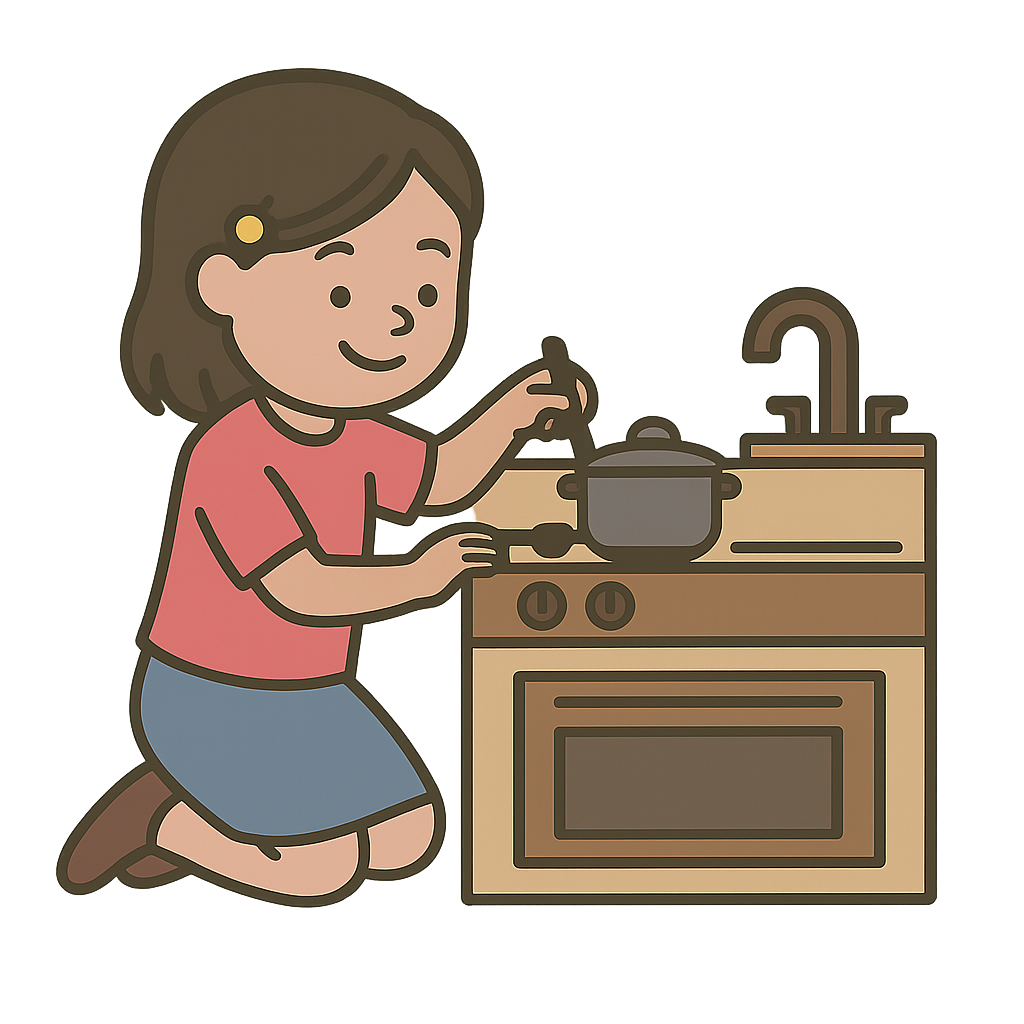 Memberships A child kneeling, stirring a pot on a stove in a kitchen setting.