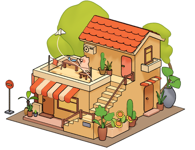 About Mini Muskogee Play Museum Two-story tan house with red roof. Pig works at a desk on the rooftop. Plants and sunflowers surround the house.
