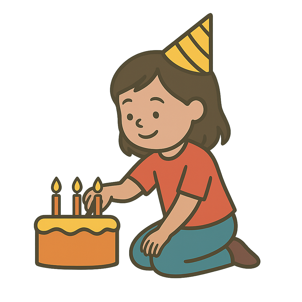 Parties Child in a party hat lighting candles on a birthday cake.