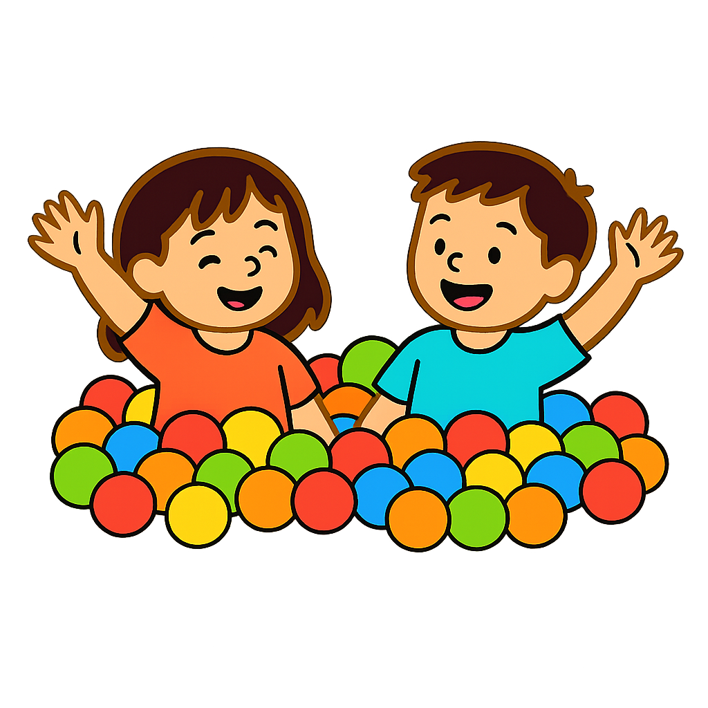 Two children in orange and blue shirts wave while playing in a colorful ball pit.