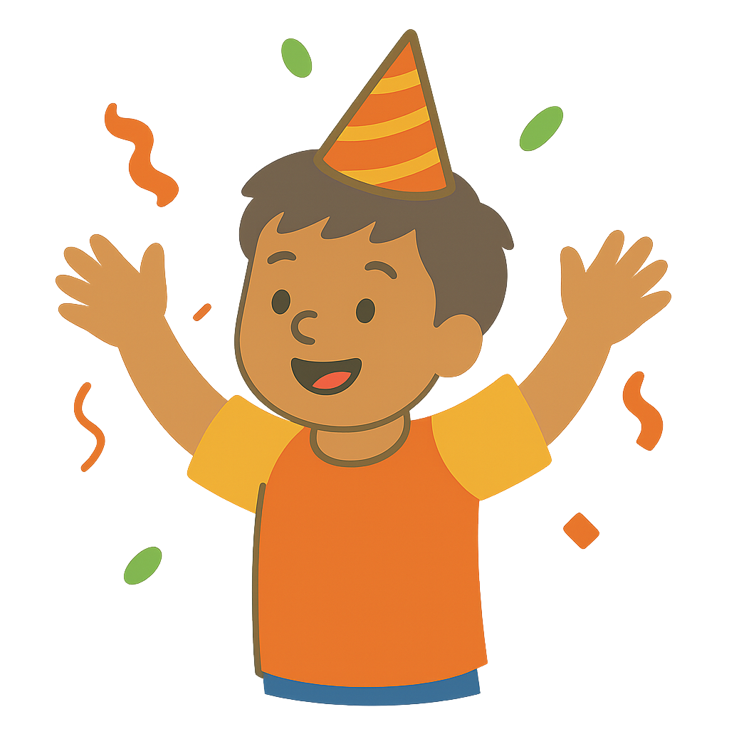 Set the Scene Party Child wearing party hat with arms raised, surrounded by confetti, smiling.