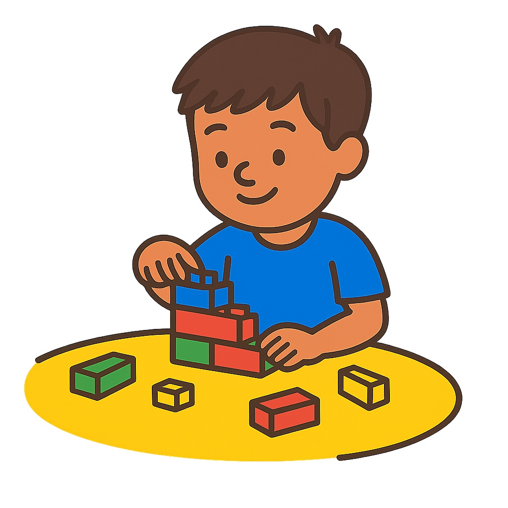 A child in a blue shirt sits at a yellow table, smiling while building a structure with colorful plastic blocks.