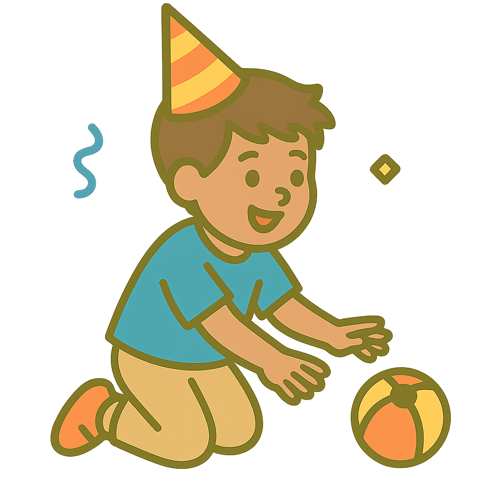 VIP Party Package Boy kneeling, reaching for a colorful ball, wearing a party hat.