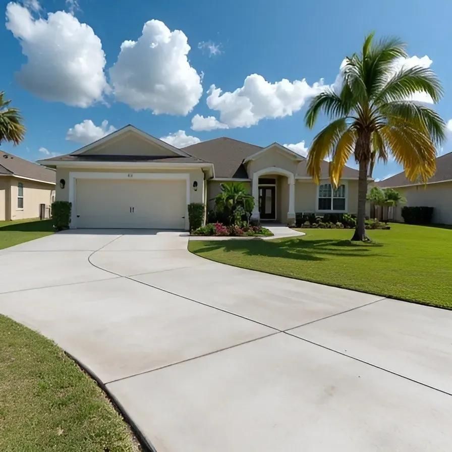 Single-story suburban house with a curved driveway, green lawn, palm tree, and blue sky with clouds