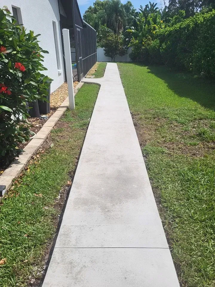 Concrete walkway beside a house, bordered by grass and plants on a sunny day