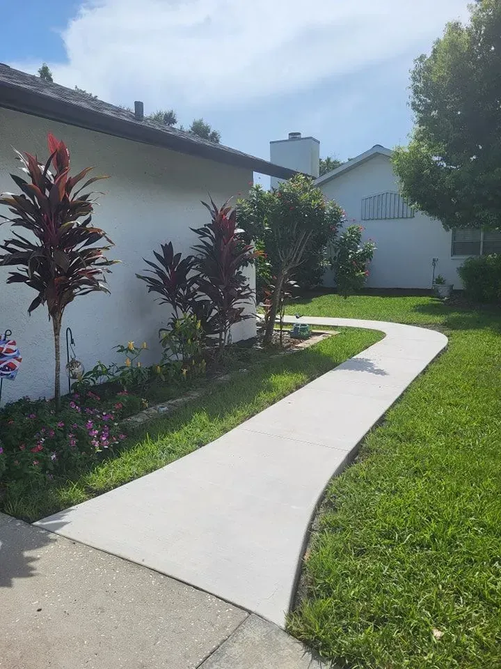 Curving white sidewalk beside a house, bordered by red-leaf plants, grass, and trees under a sunny sky