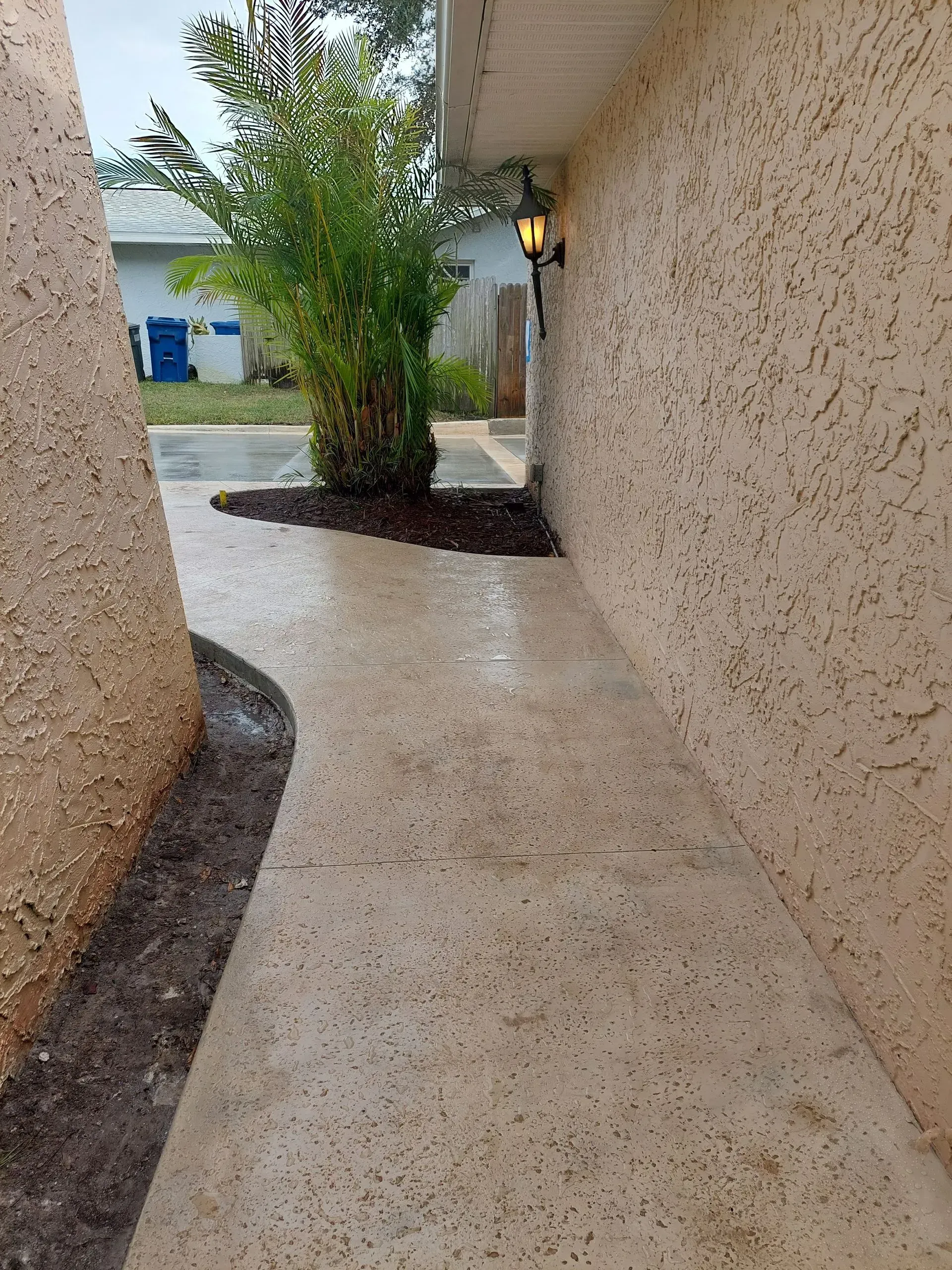 Rainy narrow concrete walkway between tan stucco walls leading to a courtyard with a leafy bamboo plant and wet pavement