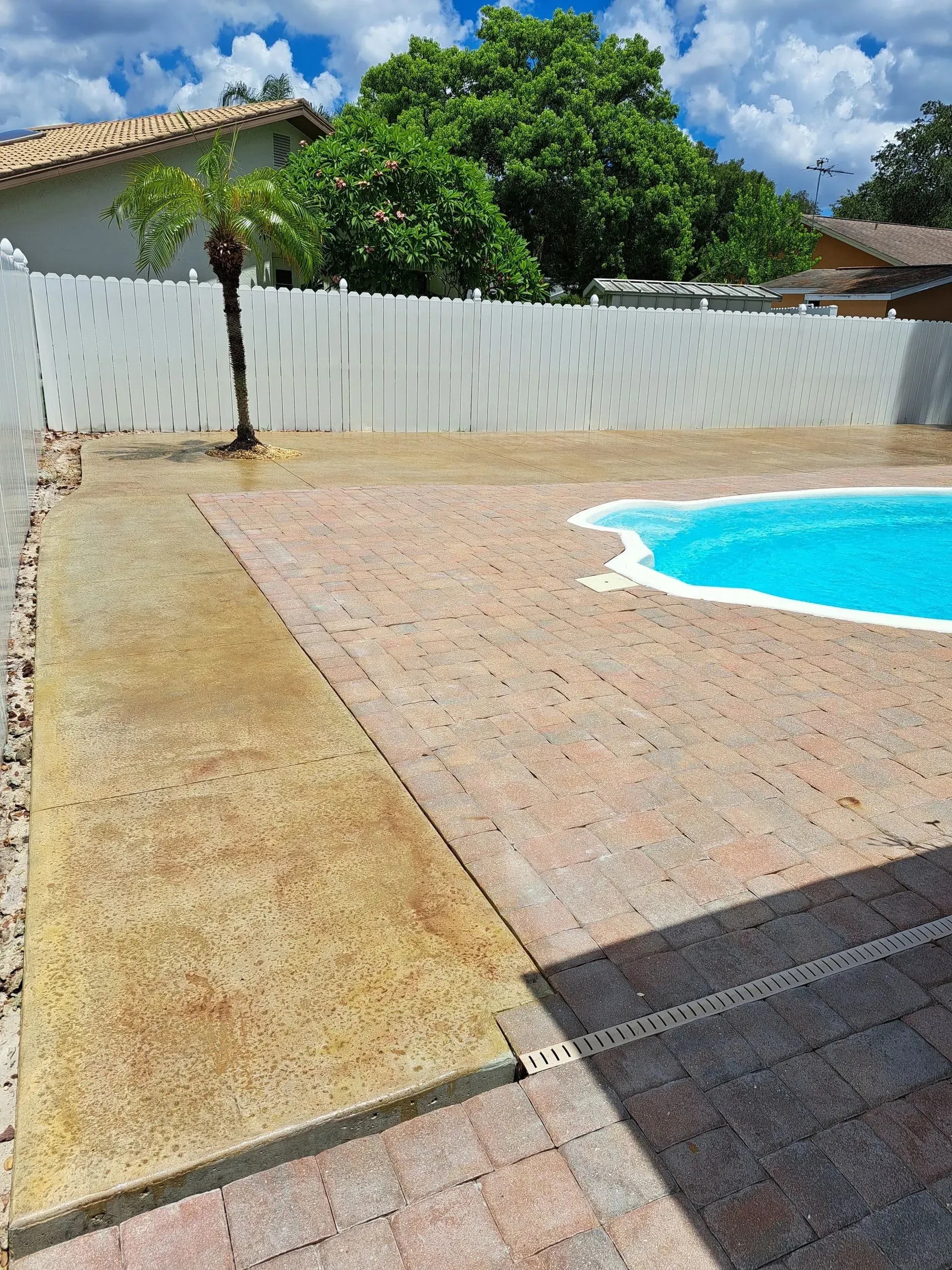 Backyard pool deck with white fence, trees, and blue sky on a sunny day