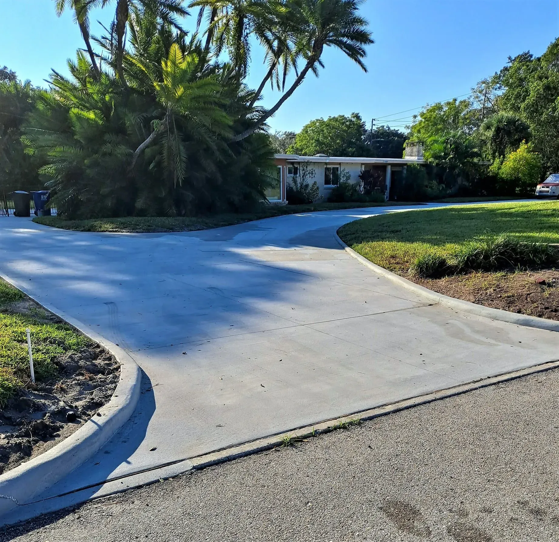 Curved concrete driveway leading to a house, bordered by green trees and shrubs on a sunny day